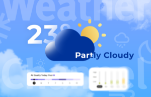 Este é o aplicativo meteorológico mais preciso para Android e não é do Google Uma tela do Google Nest Hub mostrando uma previsão de tempo ensolarado com vários widgets meteorológicos flutuantes representando diferentes temperaturas e condições.