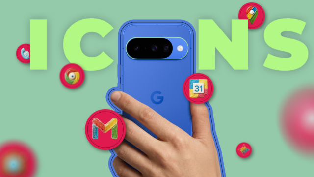 Uma mão segurando um smartphone Google Pixel azul com um ícone de alerta e ícones representando câmera, áudio e bugs.