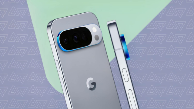 Vista traseira de dois smartphones Pixel azuis com um módulo de câmera plano.