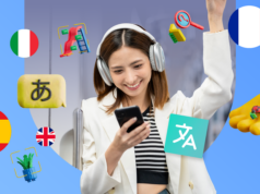 Estou oficialmente aprendendo francês em qualquer lugar, graças a esta ferramenta gratuita do Google Duas mulheres sorridentes olhando para um smartphone, cercadas por ícones flutuantes do Google Tradutor e balões de fala.