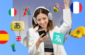 Estou oficialmente aprendendo francês em qualquer lugar, graças a esta ferramenta gratuita do Google Duas mulheres sorridentes olhando para um smartphone, cercadas por ícones flutuantes do Google Tradutor e balões de fala.