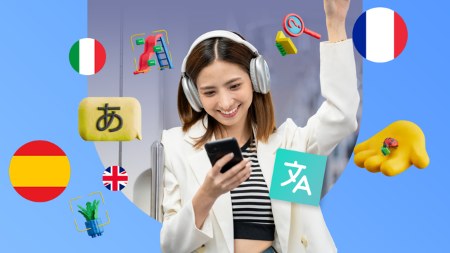 Duas mulheres sorridentes olhando para um smartphone, cercadas por ícones flutuantes do Google Tradutor e balões de fala.