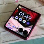 Motorola Razr Ultra encostado em uma árvore perene