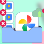 O logotipo do Google Fotos com um ícone de exclusão, conectado a uma nuvem, um servidor e um ícone de pasta de fotos, todos marcados com símbolos de alerta vermelhos em um fundo azul.