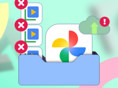 Eu queria interromper o backup de vídeos no Google Fotos, mas isso significava perder o backup de fotos também O logotipo do Google Fotos com um ícone de exclusão, conectado a uma nuvem, um servidor e um ícone de pasta de fotos, todos marcados com símbolos de alerta vermelhos em um fundo azul.