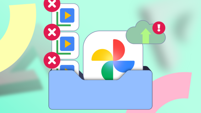 O logotipo do Google Fotos com um ícone de exclusão, conectado a uma nuvem, um servidor e um ícone de pasta de fotos, todos marcados com símbolos de alerta vermelhos em um fundo azul.