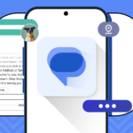 Mulher sorridente usando um smartphone, cercada por ícones do Mensagens do Google e rótulos de recursos, em um fundo com tema azul.