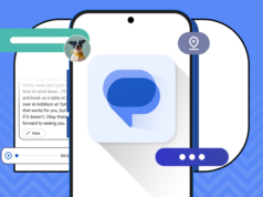 Eu uso o Mensagens do Google há anos e não acredito que estava ignorando esses recursos Mulher sorridente usando um smartphone, cercada por ícones do Mensagens do Google e rótulos de recursos, em um fundo com tema azul.