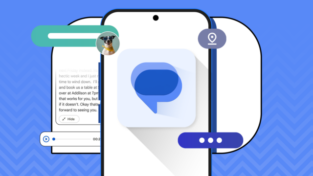 Eu uso o Mensagens do Google há anos e não Mulher sorridente usando um smartphone, cercada por ícones do Mensagens do Google e rótulos de recursos, em um fundo com tema azul.
