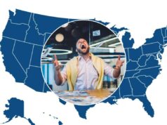 Exatamente quanto dinheiro é necessário para ser rico em cada estado dos EUA – e para alguns é mais de sete vezes a renda média Um homem entusiasmado com dinheiro caindo ao seu redor.