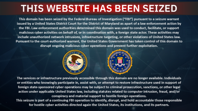 Um aviso de remoção e apreensão de sites pelo FBI e pelo Departamento de Justiça dos EUA, que substituiu o conteúdo de dois sites vinculados ao grupo hacktivista pró-iraniano Handala.