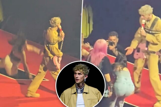 Fã do MGK fica de cara no chão depois de cair em um buraco no palco durante um show selvagem
