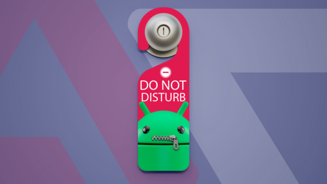 O mascote do Android segura um smartphone mostrando o recurso Notification Cooldown, cercado por sinos laranja flutuantes.