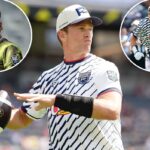 Tom Brady vestindo um uniforme do Founders FFC listrado branco e marinho, segurando uma bola de futebol durante o Fanatics Flag Football Classic.