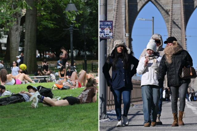 Pessoas aproveitando o clima no Washington Square Park.