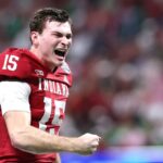 Fernando Mendoza #15 of the Indiana Hoosiers celebrates a touchdown pass against the Oregon Ducks during the second quarter in the 2025 College Football Playoff Semifinal at the Chick-fil-A Peach Bowl at Mercedes-Benz Stadium on January 09, 2026 in Atlanta, Georgia.