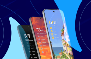 Finalmente consertei a bagunça da tela inicial do meu telefone Android e já era hora Mascote do Android entre caixas de papelão etiquetadas para aplicativos, capturas de tela, notificações e distrações, em frente à tela de um smartphone, com uma vassoura apoiada nas caixas.