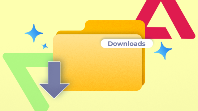 Um tablet e um smartphone com ícones de download ao redor e uma mão segurando uma lupa.