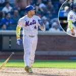O apanhador do New York Mets, Francisco Alvarez (4), acerta um home run solo durante a sexta entrada no dia de abertura no Citi Field, quinta-feira, 26 de março de 2026, em Queens, NY.