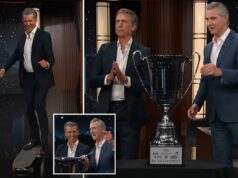 Gavin Newsom foi surpreendido pelo imitador convidado durante a aparição de Jimmy Kimmel Gavin Newsom foi surpreendido pelo imitador convidado durante a aparição de Jimmy Kimmel