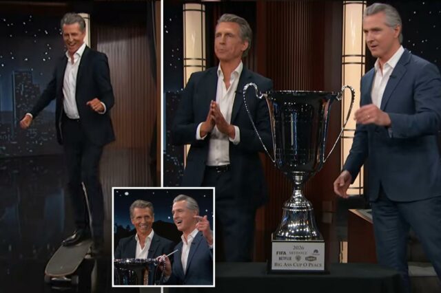Gavin Newsom foi surpreendido pelo imitador convidado durante a aparição Gavin Newsom foi surpreendido pelo imitador convidado durante a aparição de Jimmy Kimmel