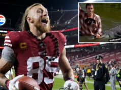 George Kittle persegue impiedosamente o companheiro de equipe dos Niners por causa da virada do March Madness George Kittle persegue impiedosamente o companheiro de equipe dos Niners por causa da virada do March Madness