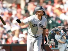 Giancarlo Stanton leva o sucesso da primavera para a temporada regular: ‘Trancado’ Giancarlo Stanton (27) acerta um single RBI durante a quinta entrada.