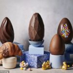 Cerca de 104 ovos de Páscoa de chocolate foram provados pelo Good Housekeeping Institute como parte de seu teste de sabor, com Lindt (segunda a partir da esquerda) e Sainsbury's (canto superior esquerdo) obtendo as pontuações mais altas