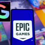Ilustração do logotipo da Epic Games exibido em um smartphone.