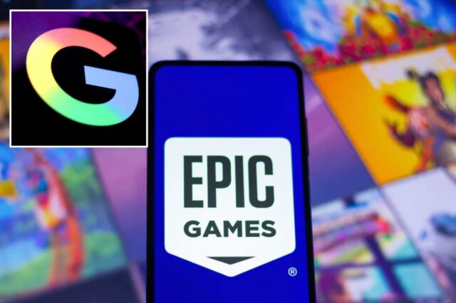 Ilustração do logotipo da Epic Games exibido em um smartphone.
