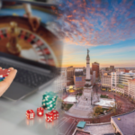 O governador de Indiana assina regras abrangentes que endurecem a lei sobre jogos de sorteios online. Imagem composta mostrando uma pessoa segurando fichas de cassino enquanto joga roleta online em um laptop ao lado de dados, combinada com uma vista do horizonte do centro de Indianápolis centrada no Monumento aos Soldados e Marinheiros ao pôr do sol, representando a nova lei de Indiana voltada para jogos de sorteios online.
