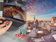 Governador de Indiana assina regras abrangentes para endurecer a lei em jogos de sorteios online O governador de Indiana assina regras abrangentes que endurecem a lei sobre jogos de sorteios online. Imagem composta mostrando uma pessoa segurando fichas de cassino enquanto joga roleta online em um laptop ao lado de dados, combinada com uma vista do horizonte do centro de Indianápolis centrada no Monumento aos Soldados e Marinheiros ao pôr do sol, representando a nova lei de Indiana voltada para jogos de sorteios online.