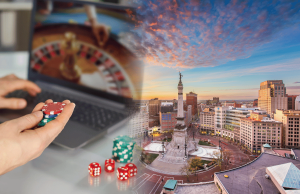 Governador de Indiana assina regras abrangentes para endurecer a lei em jogos de sorteios online O governador de Indiana assina regras abrangentes que endurecem a lei sobre jogos de sorteios online. Imagem composta mostrando uma pessoa segurando fichas de cassino enquanto joga roleta online em um laptop ao lado de dados, combinada com uma vista do horizonte do centro de Indianápolis centrada no Monumento aos Soldados e Marinheiros ao pôr do sol, representando a nova lei de Indiana voltada para jogos de sorteios online.