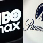 Vista aérea do logotipo da Paramount em um telhado em Los Angeles com o letreiro de Hollywood ao fundo.