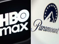 HBO Max e Paramount+ serão combinadas em um serviço de streaming após fusão de Hollywood Vista aérea do logotipo da Paramount em um telhado em Los Angeles com o letreiro de Hollywood ao fundo.