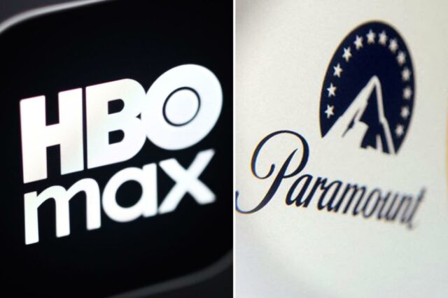 HBO Max e Paramount+ serão combinadas em um serviço de Vista aérea do logotipo da Paramount em um telhado em Los Angeles com o letreiro de Hollywood ao fundo.
