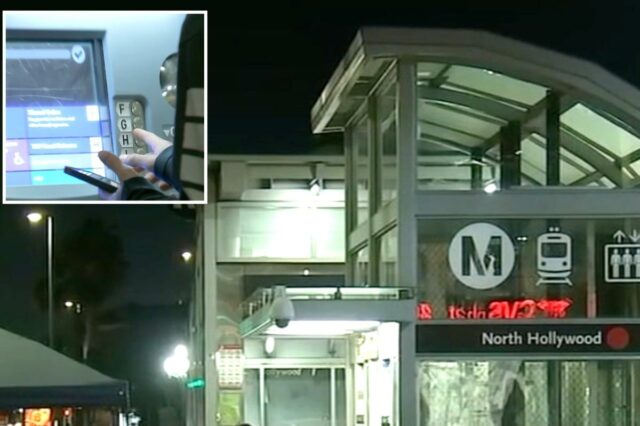 Entrada da estação LA Metro North Hollywood à noite.