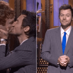 Harry Styles beija Ben Marshall durante o monólogo 'SNL' enquanto brinca sobre alegações anteriores de “Queerbaiting”