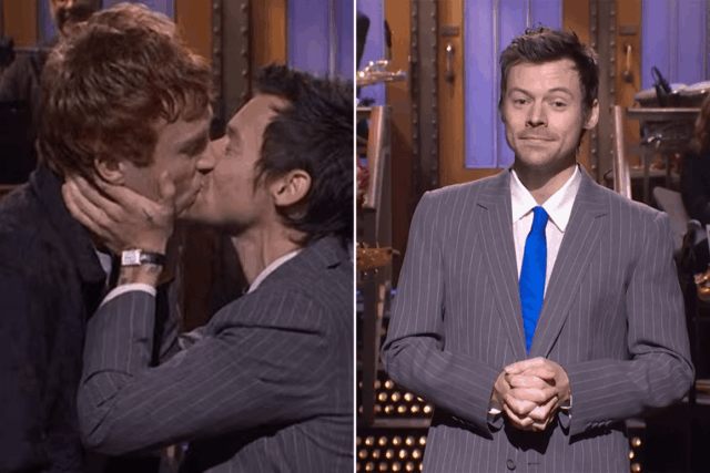Harry Styles beija Ben Marshall durante o monólogo 'SNL' enquanto brinca sobre alegações anteriores de “Queerbaiting”
