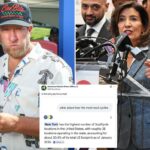 Uma colagem de um tweet da assessoria de imprensa do governador Hochul mostrando um resultado de pesquisa que afirma que Nova York tem o maior número de locais do SoulCycle e um tweet de Dave Portnoy criticando o apelo de Nova York aos milionários.