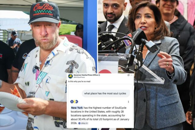 Uma colagem de um tweet da assessoria de imprensa do governador Hochul mostrando um resultado de pesquisa que afirma que Nova York tem o maior número de locais do SoulCycle e um tweet de Dave Portnoy criticando o apelo de Nova York aos milionários.