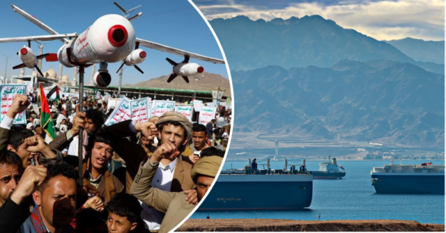 Houthis do Iêmen podem cortar rota comercial entre Ásia e Apoiadores Houthi participam de uma manifestação contra os ataques liderados pelos EUA no Iêmen e a guerra de Israel na Faixa de Gaza, em Sanaa, Iêmen, sexta-feira, 23 de fevereiro de 2024.