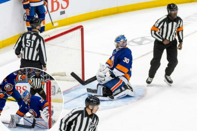 O goleiro Ilya Sorokin nº 30 do New York Islanders reage após permitir um gol durante o terceiro período na UBS Arena, segunda-feira, 30 de março de 2026, em Elmont, NY. 
