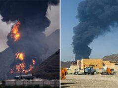 Incêndio irrompe no porto de Fujairah, nos Emirados Árabes Unidos, após ataque de drone Fogo e fumaça subindo de uma instalação petrolífera atingida por um drone iraniano em Fujairah, nos Emirados Árabes Unidos.