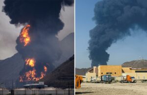 Incêndio irrompe no porto de Fujairah, nos Emirados Árabes Unidos, após ataque de drone Fogo e fumaça subindo de uma instalação petrolífera atingida por um drone iraniano em Fujairah, nos Emirados Árabes Unidos.