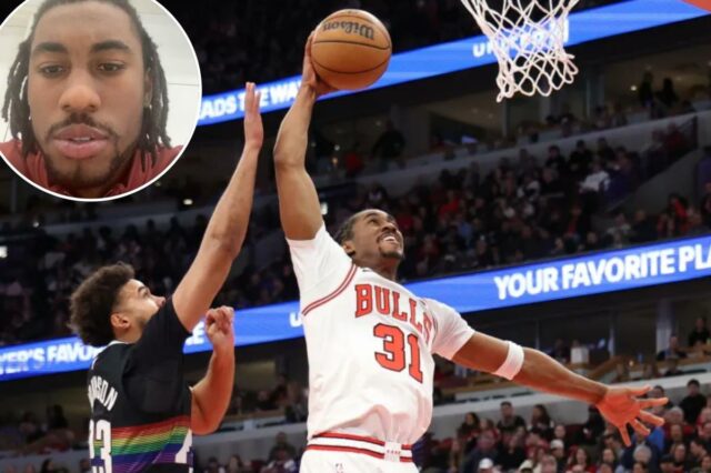 Jaden Ivey #31 do Chicago Bulls tenta enterrar contra Cameron Johnson #23 do Denver Nuggets durante o segundo quarto no United Center em 7 de fevereiro de 2026 em Chicago, Illinois.  