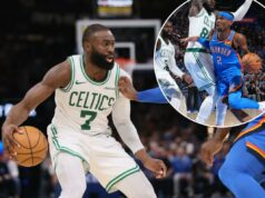 Jaylen Brown, do Celtics, lamenta o problema de ‘isca suja’ da NBA após derrota para o Thunder Jaylen Brown segura a bola contra Luguentz Dort.