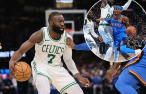 Jaylen Brown, do Celtics, lamenta o problema de ‘isca suja’ da NBA após derrota para o Thunder Jaylen Brown segura a bola contra Luguentz Dort.