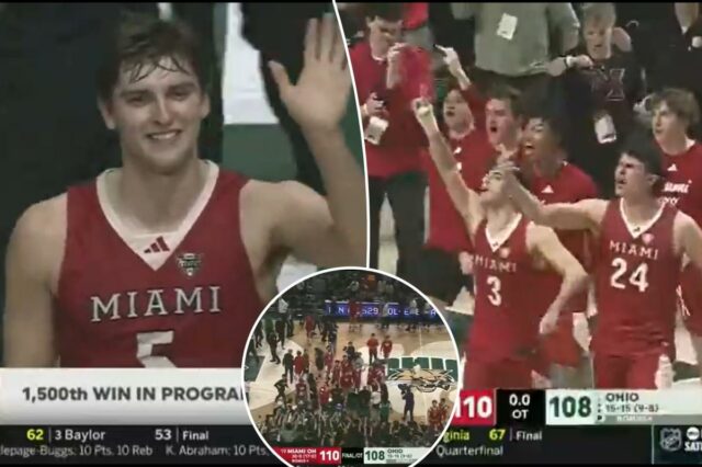 Os jogadores do Miami Ohio jogam o pássaro para os fãs do Ohio Bobcat depois de derrotá-los na prorrogação para encerrar uma temporada regular invicta. 