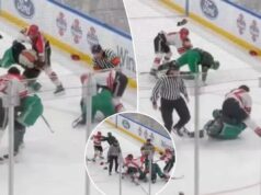 Jogadores de hóquei do NYPD e FDNY brigam durante jogo de rivalidade na UBS Arena Jogadores de hóquei do NYPD e FDNY brigam durante jogo de rivalidade na UBS Arena